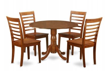 5PC Dublin round table w/ 2 drop leaves +4 Milan wood seat chairs in saddle brown. SKU: DMI5-SBR-W