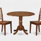 3PC Dublin round table w/ 2 drop leaves +2 Milan wood seat chairs in saddle brown. SKU: DMI3-SBR-W