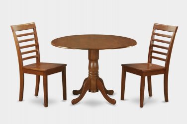 3PC Dublin round table w/ 2 drop leaves +2 Milan wood seat chairs in saddle brown. SKU: DMI3-SBR-W