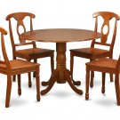 5PC Dublin round table w/2 drop leaves +4 Napoleon wood seat chairs, saddle brown. SKU: DNA5-SBR-W