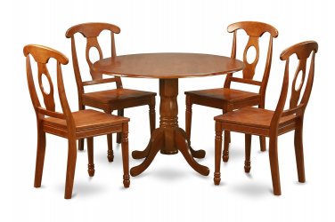 5PC Dublin round table w/2 drop leaves +4 Napoleon wood seat chairs, saddle brown. SKU: DNA5-SBR-W