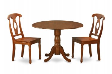 3PC Dublin round table w/2 drop leaves +2 Napoleon wood seat chairs, saddle brown. SKU: DNA3-SBR-W