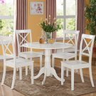 5PC Dublin round table w/2 drop leaves &4 Boston wood seat chairs in Linen White. SKU: DLBO5-WHI-W