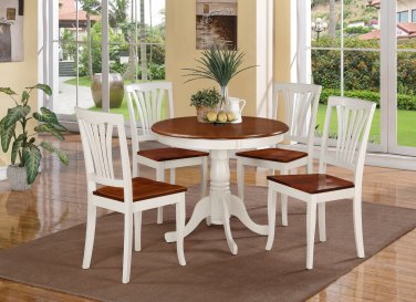 5PC Antique round table with 4 Avon wood seat chairs in Buttermilk & Cherry Brown. SKU: ANAV5-WHI-W