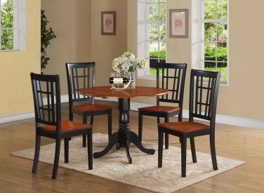 5PC Dublin round table w/2 drop leaves + 4 Nicoli wood seat chairs, Black & Cherry. SKU: DLNI5-BCH-W