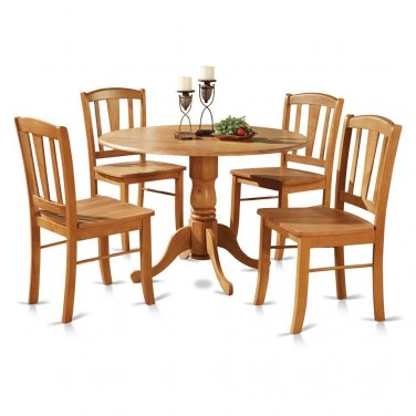 5PC Dublin Round Dinette Table w/ Drop Leaf & 4 Plain Wood Seat Chairs Light OAK. SKU: DLIN5-OAK-W