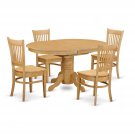 5-PC Dinette Kitchen Dining Set, Oval Table with 4 Wood Seat Chairs in Light Oak, SKU: AVVA5-OAK-W