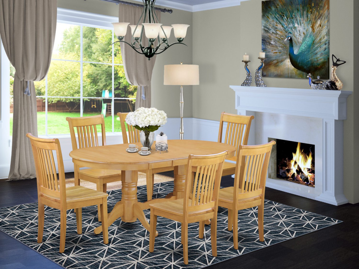 7pc oval Vancouver dining room set table + 6 Portland wood seat chairs