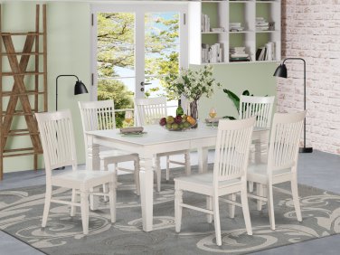 7pc set rectangular dinette dining table with 6 wood seat chairs linen off-white