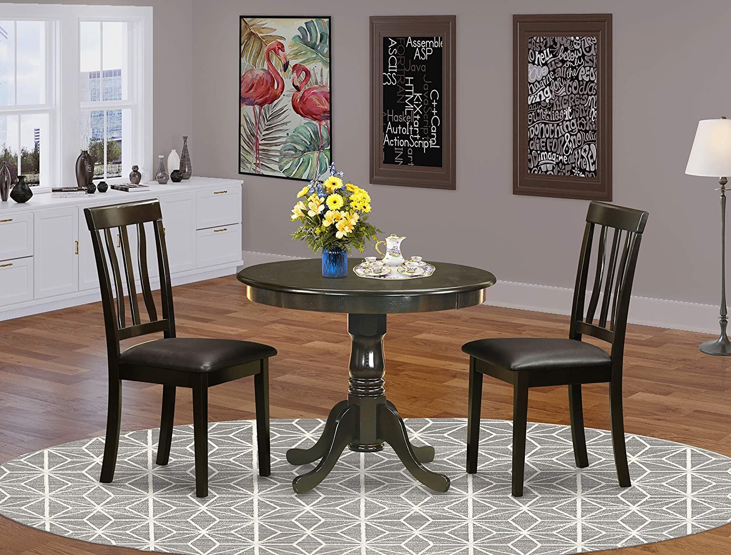3pc 36" round kitchen pedestal table + 2 faux leather chairs