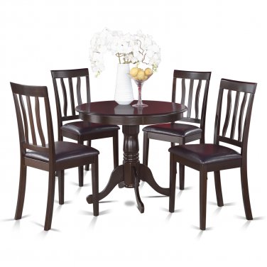 5pc dinette, 36" round kitchen pedestal table + 4 faux leather chairs cappuccino