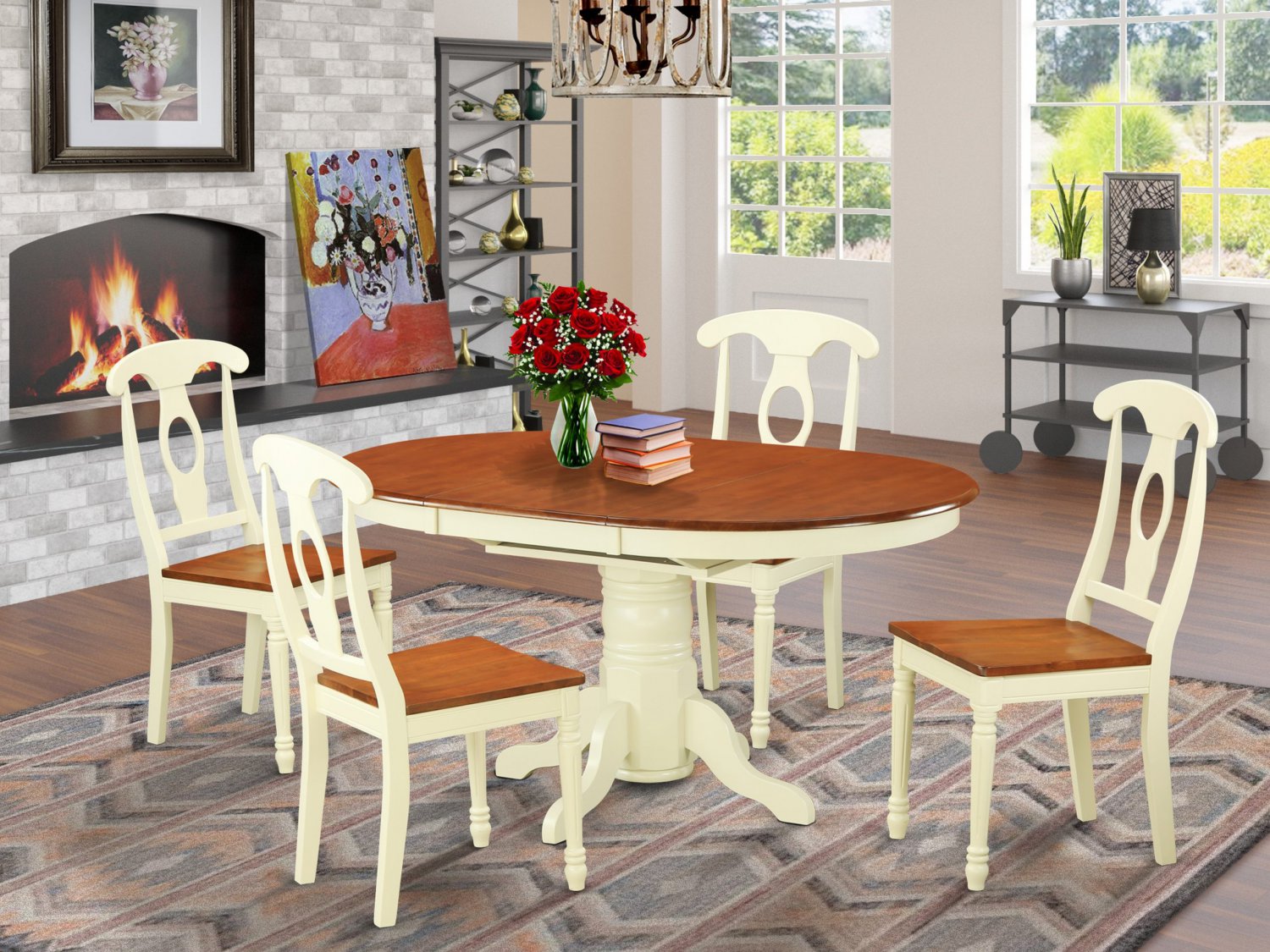 5pc Dining Set, Kenley 42x60 oval pedestal table + 4 chairs buttermilk