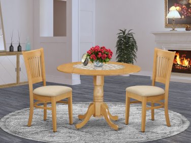 3PC Dublin-2 dinette Round table w/2 Drop Leaves + 2 Upholstered Chairs in OAK. SKU#: DV3-OAK-C