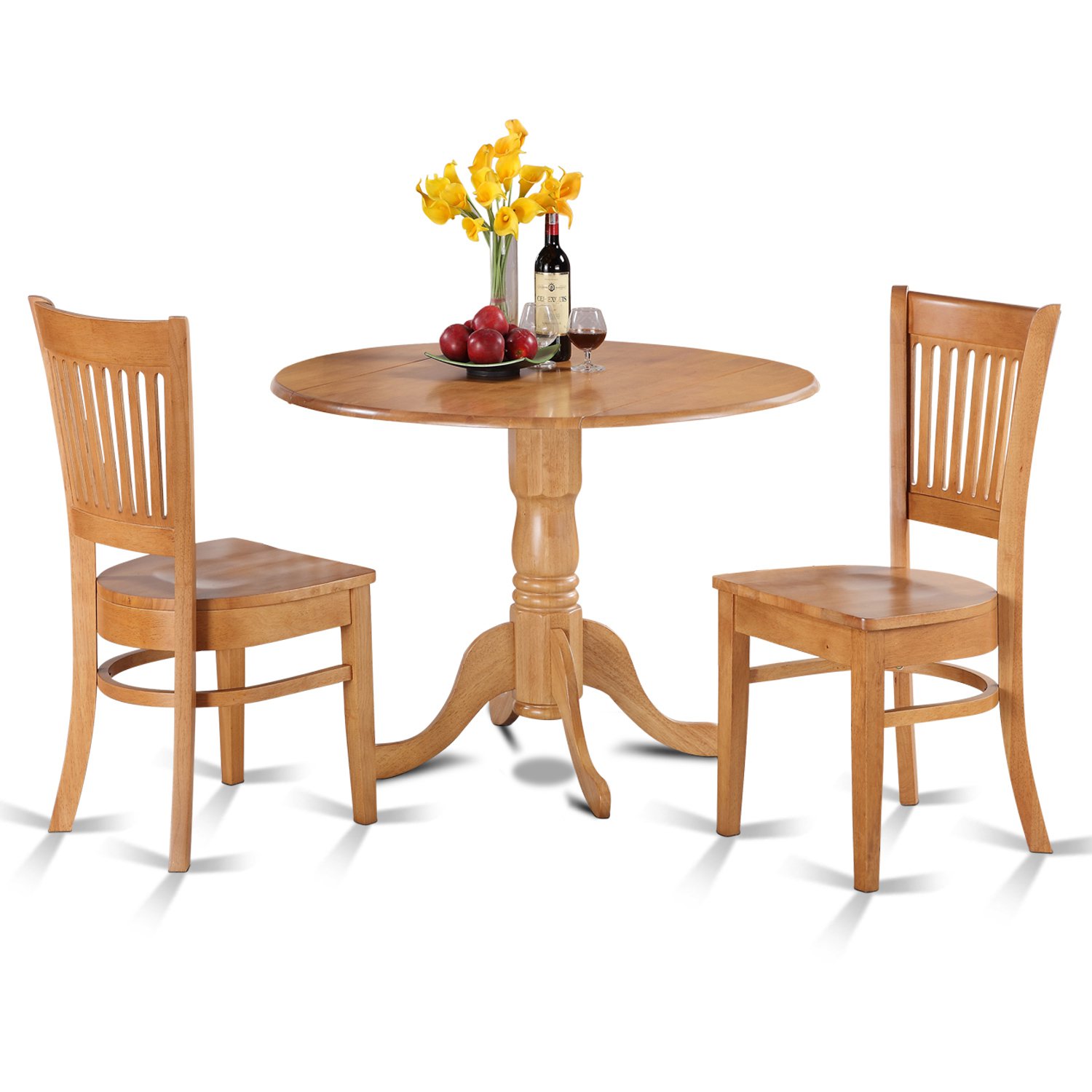 3pc Kitchen drop leaf pedestal table + 2 wood seat chairs in