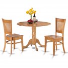 3pc Kitchen dinette, drop leaf pedestal table + 2 wood seat chairs in light oak