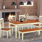 6-PC Nicoli Dining Table with 4 Wood Seat Chairs & 1 Bench in Buttermilk & Cherry. SKU#:NICO6-WHI-W