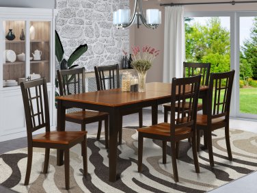 7-PC Nicoli Dining Set, Table with 6 Wood Seat Chairs in Black and Cherry. SKU: NICO7-BLK-W
