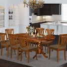 9pc Set Plainville Dining Table + 8 Avon fabric padded chairs in Saddle Brown. SKU: PLAV9-SBR-C