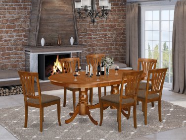 7pc Set Plainville Dining Table + 6 Avon fabric padded chairs in Saddle Brown. SKU: PLAV7-SBR-C