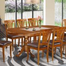 9pc Set Plainville Dining Table + 8 Avon Leather Seat Chairs in Saddle Brown. SKU: PLAV9-SBR-LC