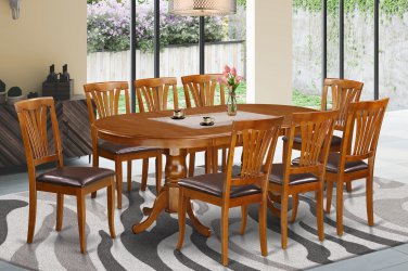 9pc Set Plainville Dining Table + 8 Avon Leather Seat Chairs in Saddle Brown. SKU: PLAV9-SBR-LC