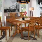 7pc Set Plainville Dining Table + 6 Avon Wood Seat Chairs in Saddle Brown. SKU: PLAV7-SBR-W