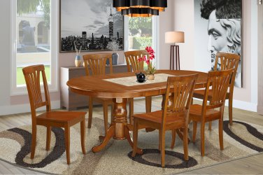 7pc Set Plainville Dining Table + 6 Avon Wood Seat Chairs in Saddle Brown. SKU: PLAV7-SBR-W