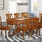 9pc Set Plainville Dining Table + 8 Avon Wood Seat Chairs in Saddle Brown. SKU: PLAV9-SBR-W