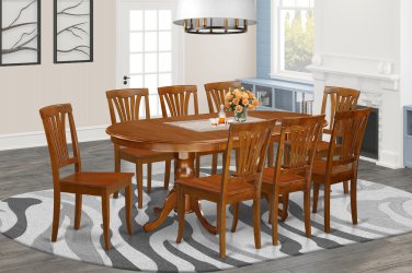 9pc Set Plainville Dining Table + 8 Avon Wood Seat Chairs in Saddle Brown. SKU: PLAV9-SBR-W