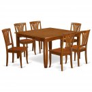 7Pc Square Parfait Dining Table with 6 Avon Wood Seat Chairs in Saddle Brown. SKU: PFAV7-SBR-W
