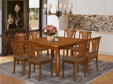 9pc Parfait dining set square table + 8 Avon padded chairs in saddle brown SKU: PFAV9-SBR-C