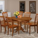 7Pc Oval Portland Dining Table with 6 Milan Wood Seat Chairs in Saddle Brown. SKU: PMI7-SBR-W