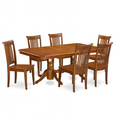 7PC Rectangular Dining Table with 6 Portland Wood Seat Chairs in Saddle Brown. SKU: NAPO7-SBR-W