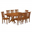 9PC Rectangular Dining Table with 8 Portland Wood Seat Chairs in Saddle Brown. SKU: NAPO9-SBR-W