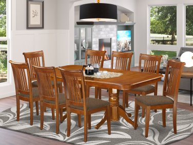 9PC Rectangular Dining Table with 8 Portland Upholstery Chairs in Saddle Brown. SKU: NAPO9-SBR-C