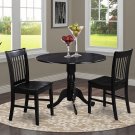 3pc Dublin round table w/2 drop leaves and 2 Norfolk wood seat chairs in black. SKU: DLNO3-BLK-W