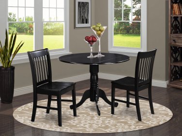 3pc Dublin round table w/2 drop leaves and 2 Norfolk wood seat chairs in black. SKU: DLNO3-BLK-W