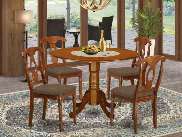 5PC Dublin round table w/2 drop leaves +4 Napoleon padded chairs in saddle brown. SKU: DNA5-SBR-C