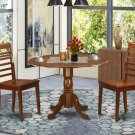 3PC Dublin round table w/ drop leaf +2 Milan wood seat chairs in mahogany. SKU: DMI3-MAH-W