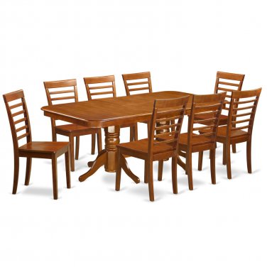 9PC Rectangular Dining Table with 8 Milan Wood Seat Chairs in Saddle Brown. SKU: NAMI9-SBR-W