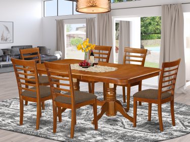 7PC Rectangular Dining Table with 6 Milan Upholstery Chairs in Saddle Brown. SKU: NAMI7-SBR-C