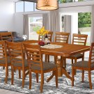 9PC Rectangular Dining Table with 8 Milan Upholstery Chairs in Saddle Brown. SKU: NAMI9-SBR-C