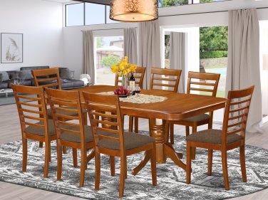 9PC Rectangular Dining Table with 8 Milan Upholstery Chairs in Saddle Brown. SKU: NAMI9-SBR-C