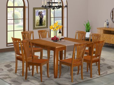 9Pc Square Parfait Dining Table with 8 Plainville Wood Seat Chairs in Saddle Brown. SKU: PFPL9-SBR-W