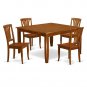 5Pc Square Parfait Dining Table with 4 Plainville Wood Seat Chairs in Saddle Brown. SKU: PFPL5-SBR-W
