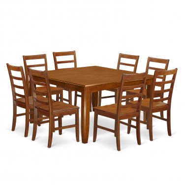 9-PC Parfait Square Dining Set, Table with 8 wood seat Chairs in Saddle Brown. SKU: PF9-SBR-W