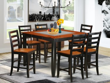 7PC Parfait Counter Height Table w/6 Wooden Seat Chairs in Black & Cherry Brown. SKU: PFH7-BLK-W