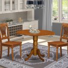 3PC Dublin 42" round table, drop leaf +2 Plainville wooden chairs in saddle brown. SKU: DPL3-SBR-W
