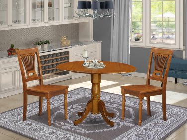 3PC Dublin 42" round table, drop leaf +2 Plainville wooden chairs in saddle brown. SKU: DPL3-SBR-W