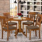 5PC Dublin 42" round table, drop leaf +4 Plainville cushion chairs in saddle brown. SKU: DPL5-SBR-C